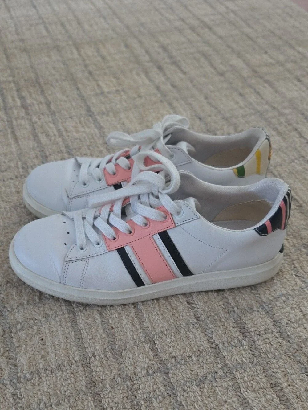 Tory Burch White, Pink & Black Leather Lace-Up Sneakers